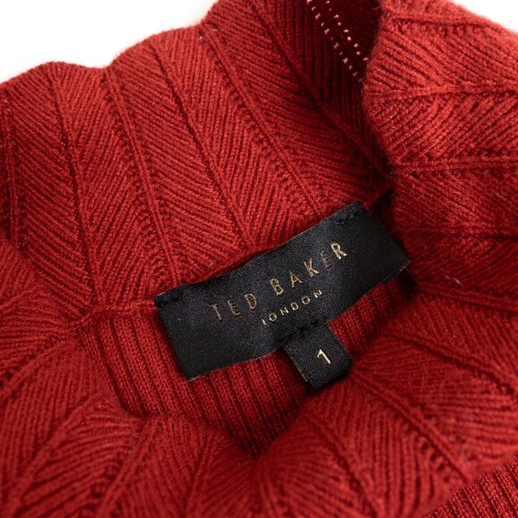 Ted Baker Scalloped Mock Neck Sweater Ruffle Cuff Albaai Red Rust Size 1 - Picture 4 of 10